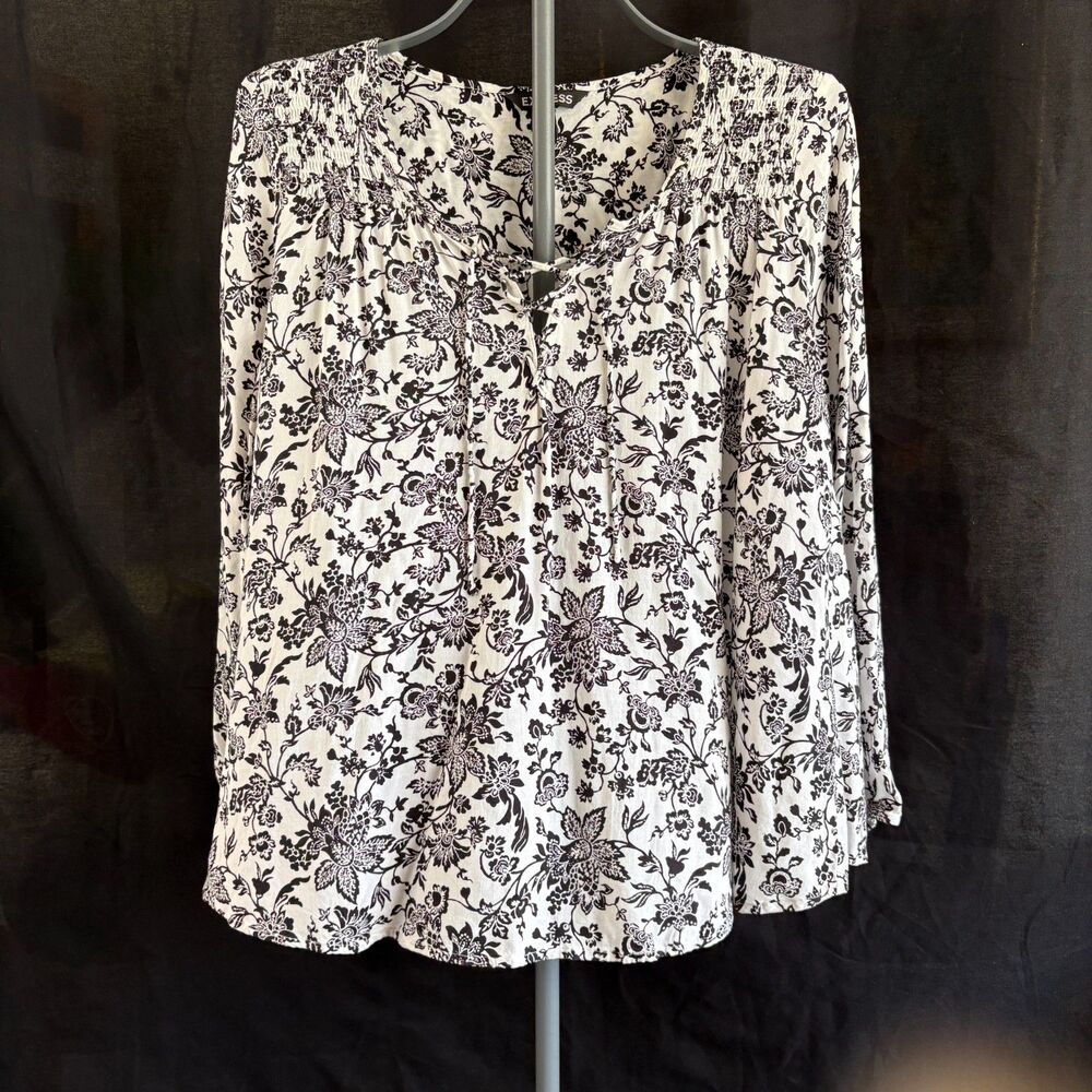 Express Black White Floral Rayon Peasant Blouse S Lace Up Boho Long Sleeve